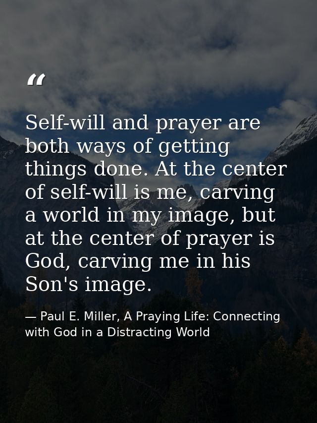 Self-will and prayer are both ways of getting things done. At the center of self-will is me, carving a world in my image — Paul E. Miller, A Praying Life: Connecting with God in a Distracting World