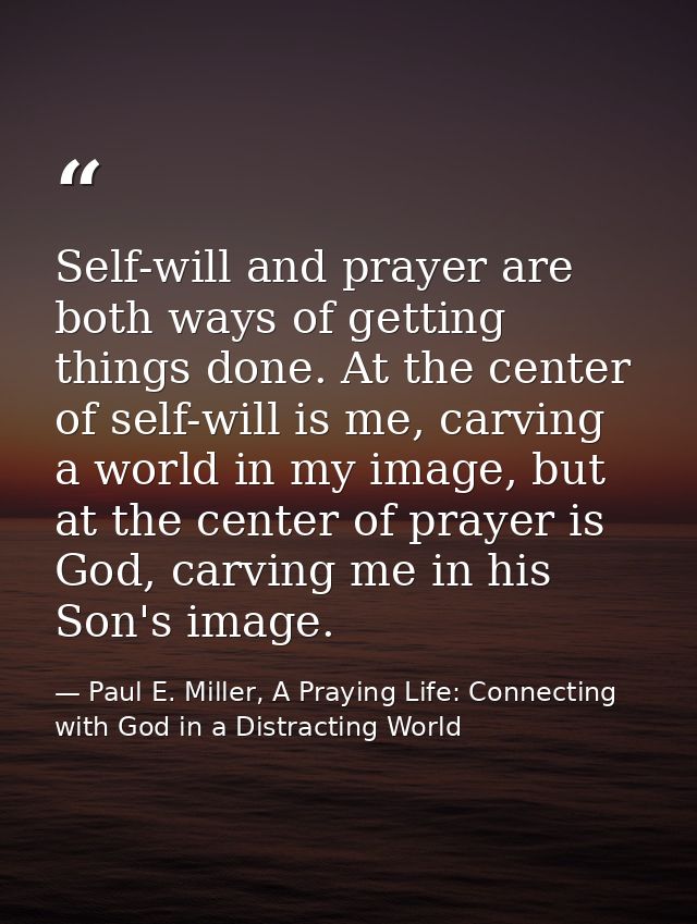 Self-will and prayer are both ways of getting things done. At the center of self-will is me, carving a world in my image — Paul E. Miller, A Praying Life: Connecting with God in a Distracting World