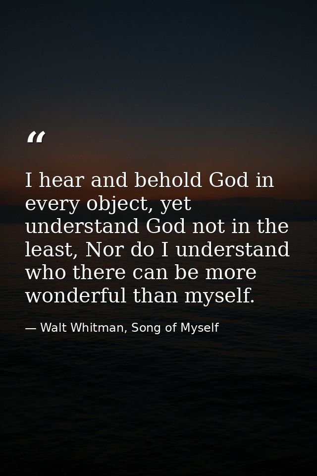 I hear and behold God in every object, yet understand God not in the least, Nor do I understand who there can be more wo — Walt Whitman, Song of Myself
