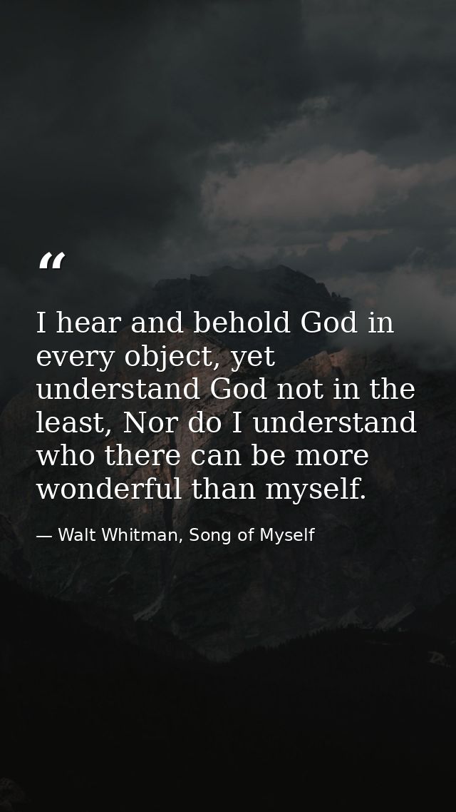 I hear and behold God in every object, yet understand God not in the least, Nor do I understand who there can be more wo — Walt Whitman, Song of Myself