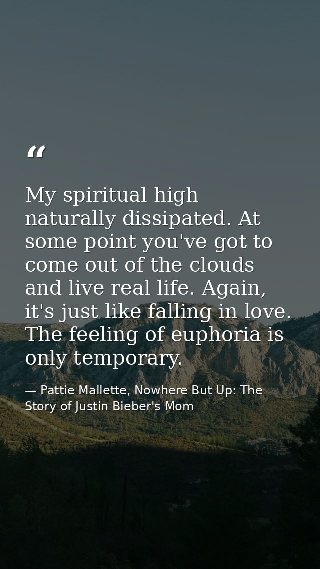 My spiritual high naturally dissipated. At some point you've got to come out of the clouds and live real life. Again, it — Pattie Mallette, Nowhere But Up: The Story of Justin Bieber's Mom