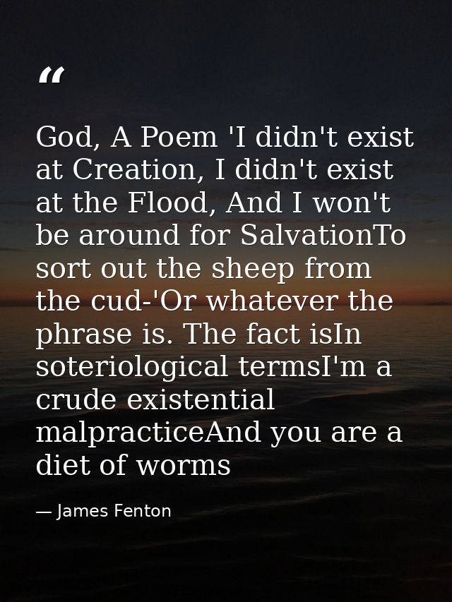 God, A Poem 'I didn't exist at Creation, I didn't exist at the Flood, And I won't be around for SalvationTo sort out the — James Fenton