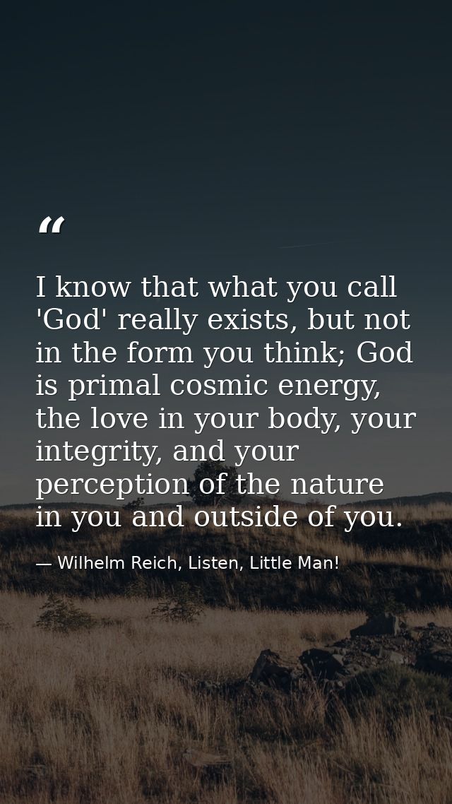 I know that what you call 'God' really exists, but not in the form you think; God is primal cosmic energy, the love in y — Wilhelm Reich, Listen, Little Man!