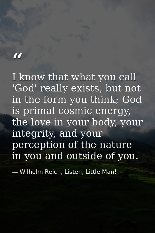 I know that what you call 'God' really exists, but not in the form you think; God is primal cosmic energy, the love in y — Wilhelm Reich, Listen, Little Man!