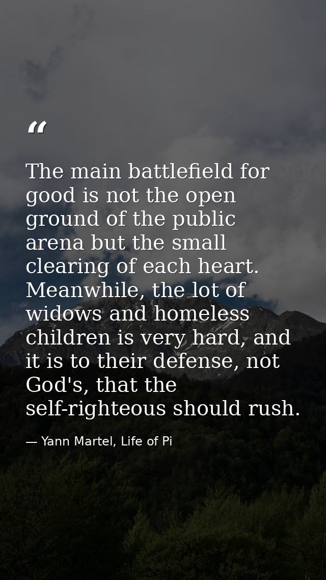The main battlefield for good is not the open ground of the public arena but the small clearing of each heart. Meanwhile — Yann Martel, Life of Pi