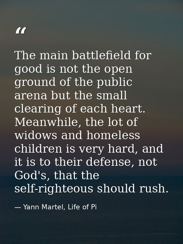 The main battlefield for good is not the open ground of the public arena but the small clearing of each heart. Meanwhile — Yann Martel, Life of Pi