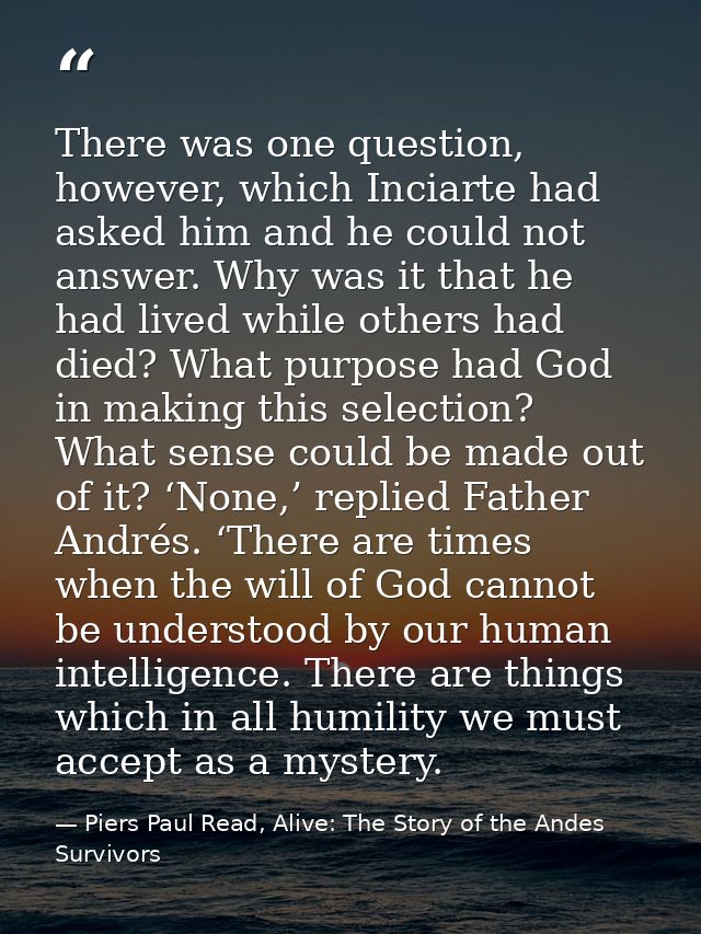 There was one question, however, which Inciarte had asked him and he could not answer. Why was it that he had lived whil — Piers Paul Read, Alive: The Story of the Andes Survivors
