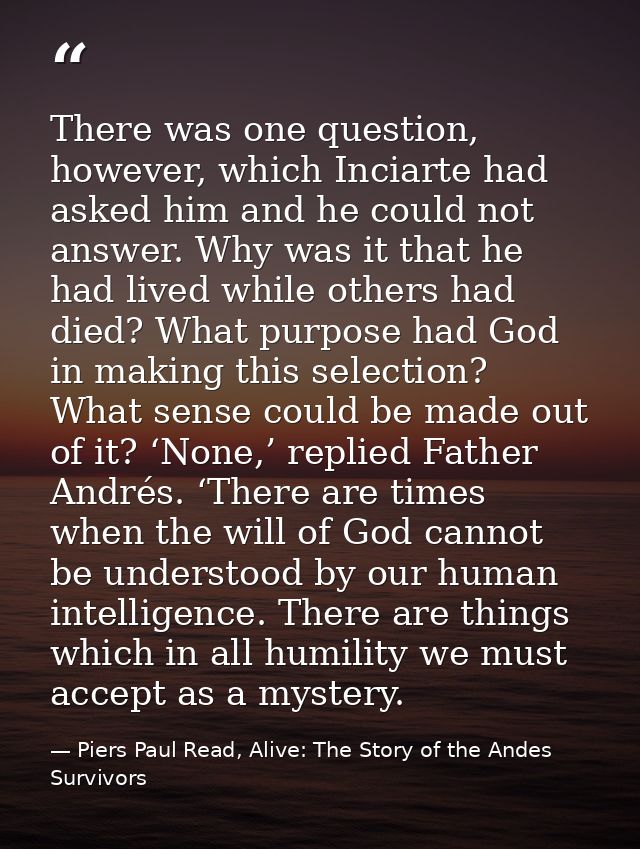 There was one question, however, which Inciarte had asked him and he could not answer. Why was it that he had lived whil — Piers Paul Read, Alive: The Story of the Andes Survivors