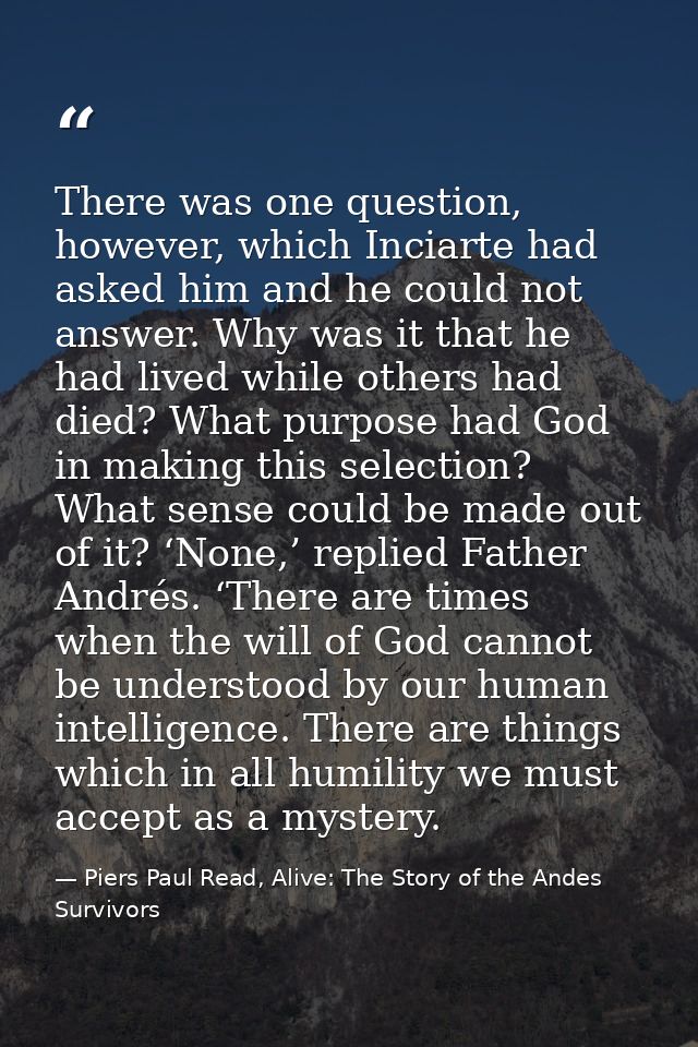 There was one question, however, which Inciarte had asked him and he could not answer. Why was it that he had lived whil — Piers Paul Read, Alive: The Story of the Andes Survivors