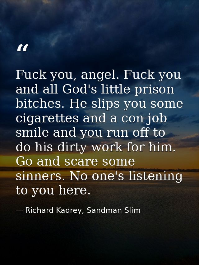 Fuck you, angel. Fuck you and all God's little prison bitches. He slips you some cigarettes and a con job smile and you  — Richard Kadrey, Sandman Slim