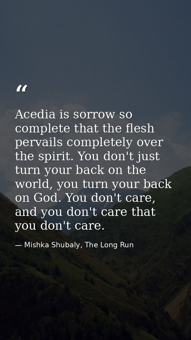 Acedia is sorrow so complete that the flesh pervails completely over the spirit. You don't just turn your back on the wo — Mishka Shubaly, The Long Run