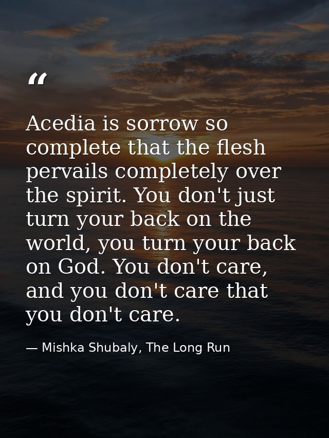 Acedia is sorrow so complete that the flesh pervails completely over the spirit. You don't just turn your back on the wo — Mishka Shubaly, The Long Run