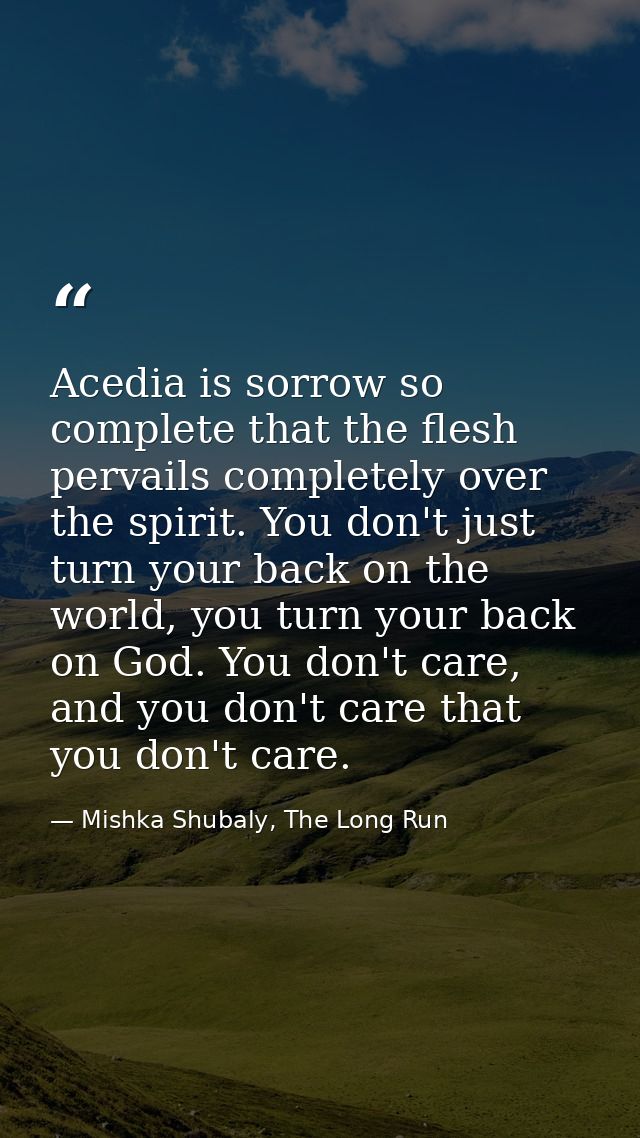 Acedia is sorrow so complete that the flesh pervails completely over the spirit. You don't just turn your back on the wo — Mishka Shubaly, The Long Run