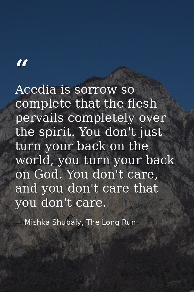 Acedia is sorrow so complete that the flesh pervails completely over the spirit. You don't just turn your back on the wo — Mishka Shubaly, The Long Run