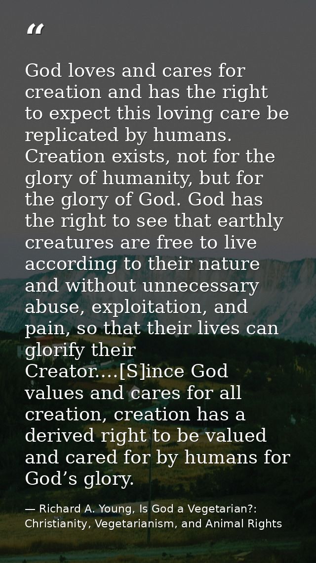 God loves and cares for creation and has the right to expect this loving care be replicated by humans. Creation exists,  — Richard A. Young, Is God a Vegetarian?: Christianity, Vegetarianism, and Animal Rights