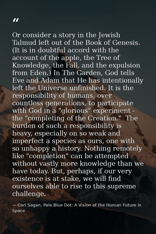 Or consider a story in the Jewish Talmud left out of the Book of Genesis. (It is in doubtful accord with the account of  — Carl Sagan, Pale Blue Dot: A Vision of the Human Future in Space
