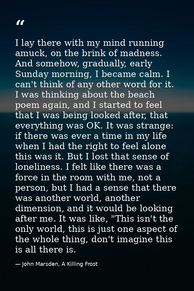 I lay there with my mind running amuck, on the brink of madness. And somehow, gradually, early Sunday morning, I became  — John Marsden, A Killing Frost