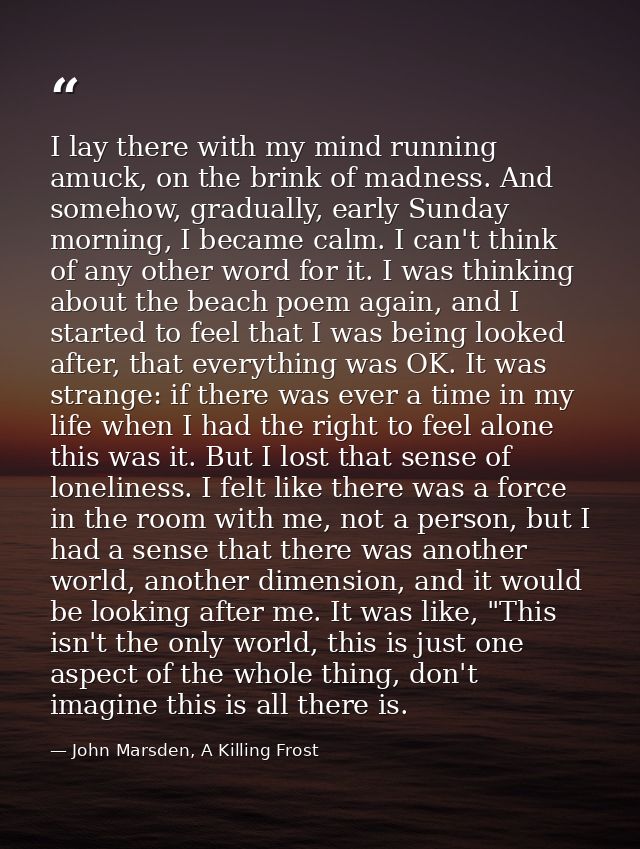 I lay there with my mind running amuck, on the brink of madness. And somehow, gradually, early Sunday morning, I became  — John Marsden, A Killing Frost