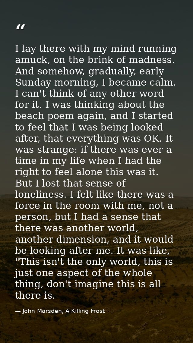 I lay there with my mind running amuck, on the brink of madness. And somehow, gradually, early Sunday morning, I became  — John Marsden, A Killing Frost