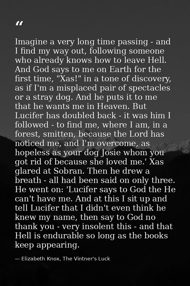 Imagine a very long time passing - and I find my way out, following someone who already knows how to leave Hell. And God — Elizabeth Knox, The Vintner's Luck