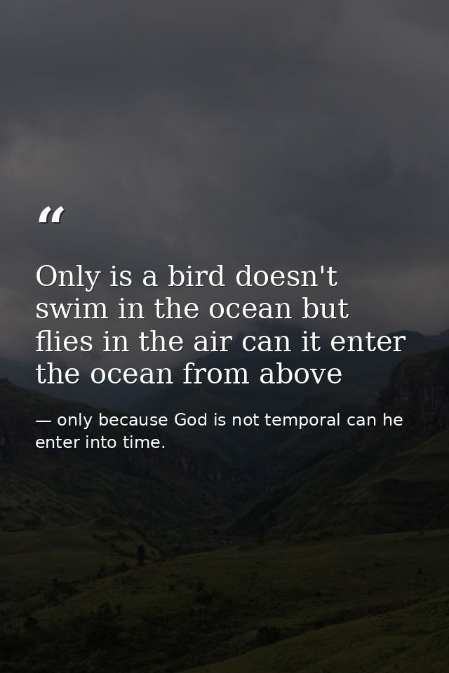 Only is a bird doesn't swim in the ocean but flies in the air can it enter the ocean from above — only because God is not temporal can he enter into time.