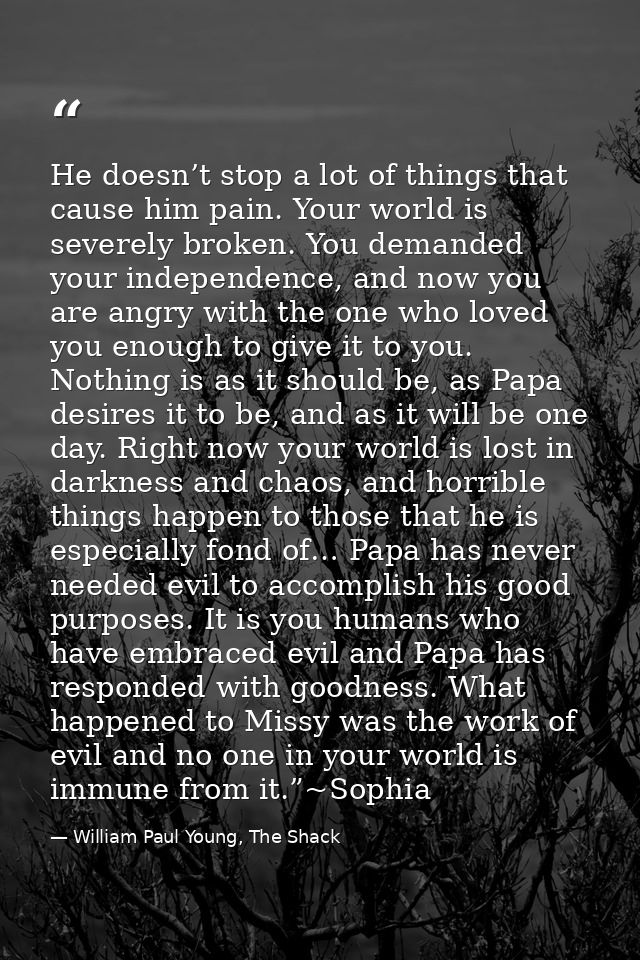 He doesn’t stop a lot of things that cause him pain. Your world is severely broken. You demanded your independence, and  — William Paul Young, The Shack
