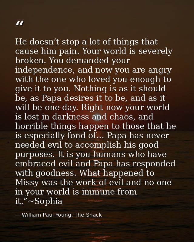 He doesn’t stop a lot of things that cause him pain. Your world is severely broken. You demanded your independence, and  — William Paul Young, The Shack