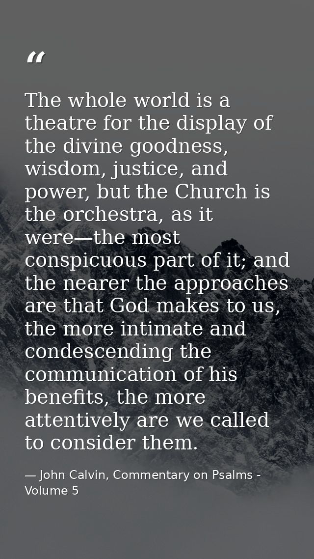 The whole world is a theatre for the display of the divine goodness, wisdom, justice, and power, but the Church is the o — John Calvin, Commentary on Psalms - Volume 5