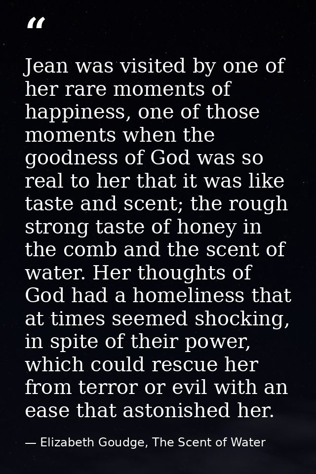 Jean was visited by one of her rare moments of happiness, one of those moments when the goodness of God was so real to h — Elizabeth Goudge, The Scent of Water
