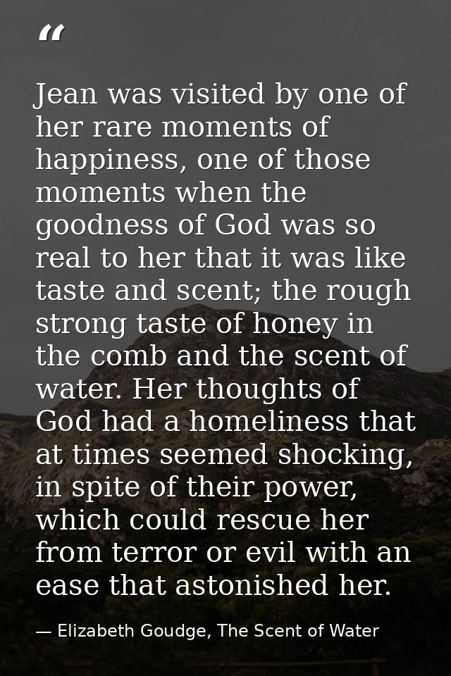 Jean was visited by one of her rare moments of happiness, one of those moments when the goodness of God was so real to h — Elizabeth Goudge, The Scent of Water