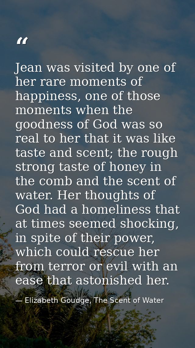 Jean was visited by one of her rare moments of happiness, one of those moments when the goodness of God was so real to h — Elizabeth Goudge, The Scent of Water