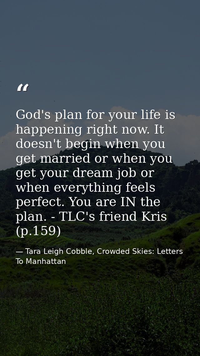 God's plan for your life is happening right now. It doesn't begin when you get married or when you get your dream job or — Tara Leigh Cobble, Crowded Skies: Letters To Manhattan