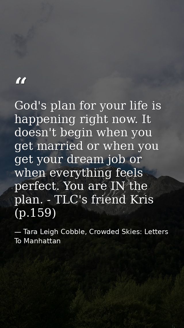 God's plan for your life is happening right now. It doesn't begin when you get married or when you get your dream job or — Tara Leigh Cobble, Crowded Skies: Letters To Manhattan