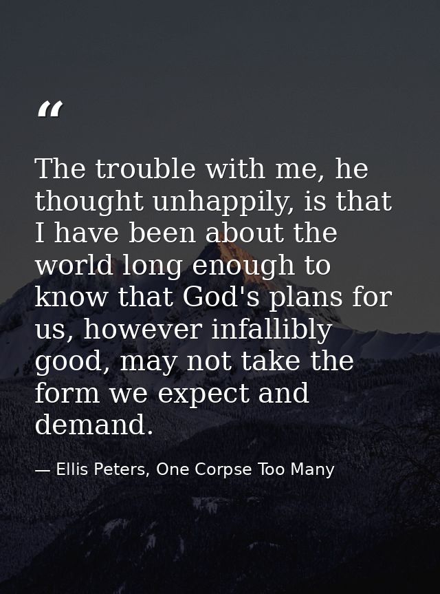 The trouble with me, he thought unhappily, is that I have been about the world long enough to know that God's plans for  — Ellis Peters, One Corpse Too Many