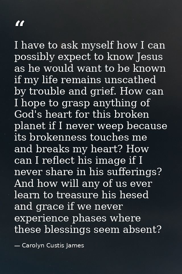 I have to ask myself how I can possibly expect to know Jesus as he would want to be known if my life remains unscathed b — Carolyn Custis James
