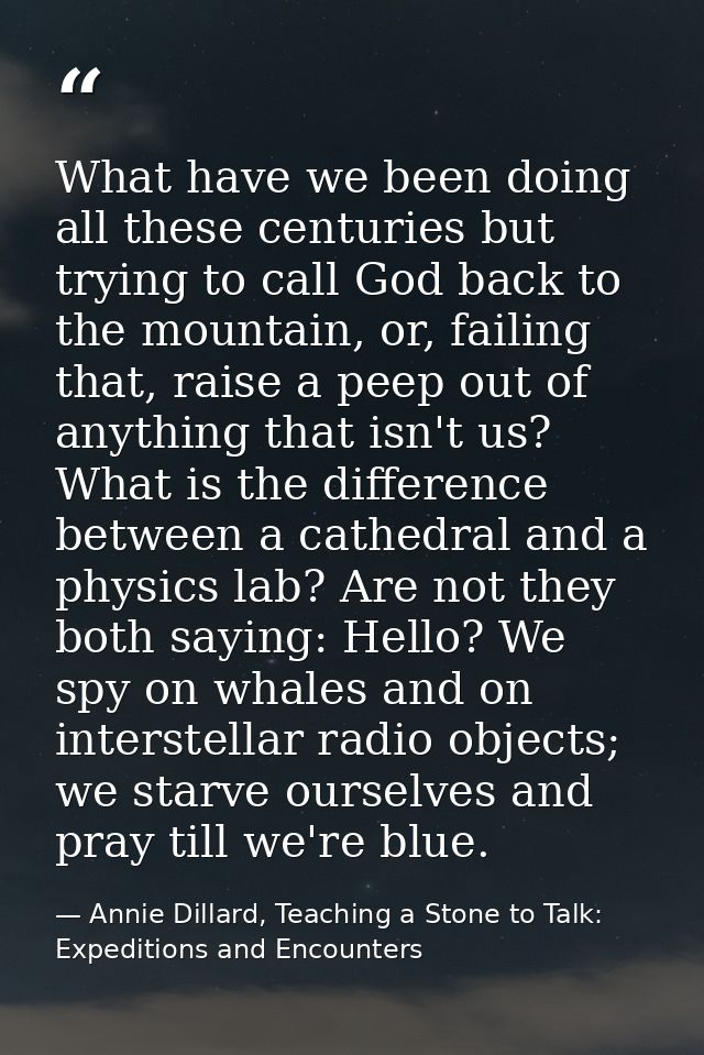 What have we been doing all these centuries but trying to call God back to the mountain, or, failing that, raise a peep  — Annie Dillard, Teaching a Stone to Talk: Expeditions and Encounters