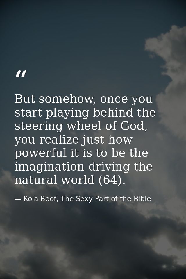 But somehow, once you start playing behind the steering wheel of God, you realize just how powerful it is to be the imag — Kola Boof, The Sexy Part of the Bible