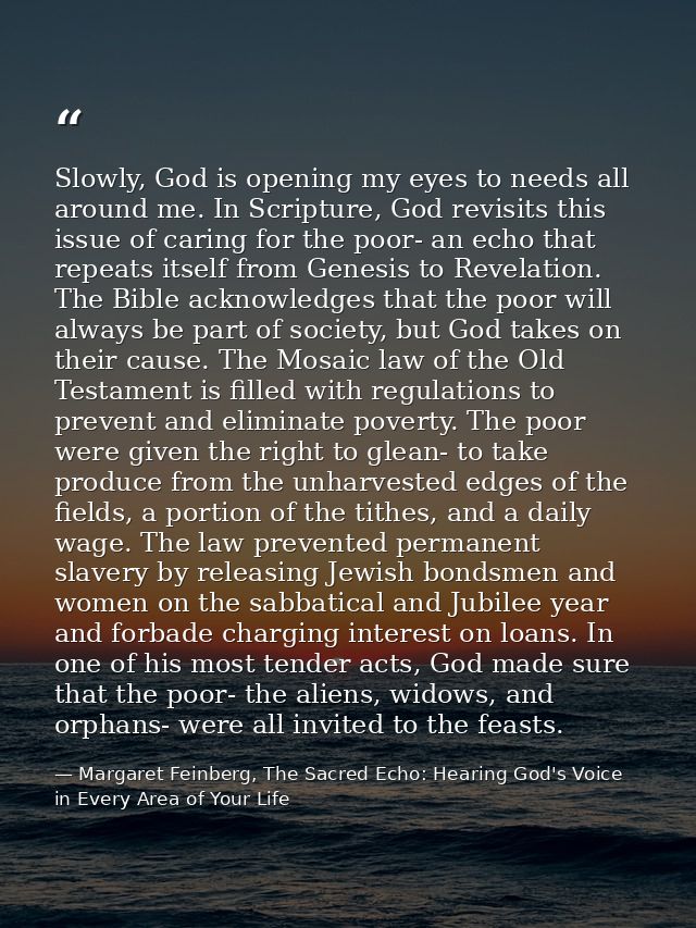 Slowly, God is opening my eyes to needs all around me. In Scripture, God revisits this issue of caring for the poor- an  — Margaret Feinberg, The Sacred Echo: Hearing God's Voice in Every Area of Your Life
