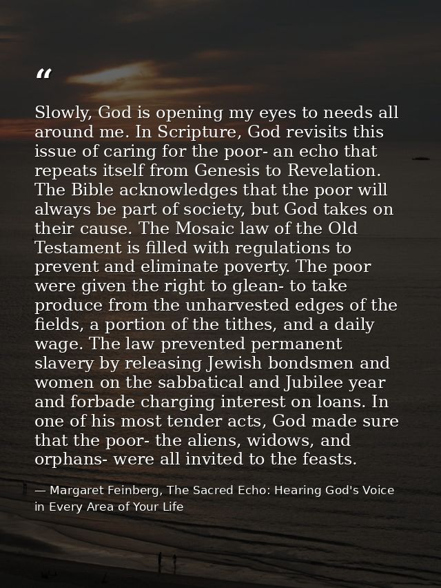 Slowly, God is opening my eyes to needs all around me. In Scripture, God revisits this issue of caring for the poor- an  — Margaret Feinberg, The Sacred Echo: Hearing God's Voice in Every Area of Your Life