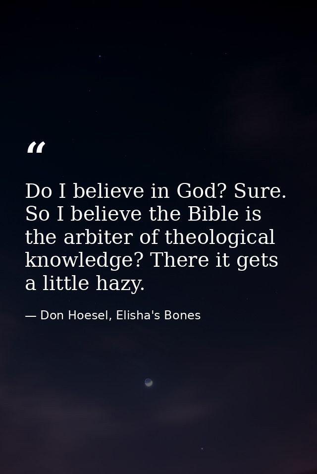 Do I believe in God? Sure. So I believe the Bible is the arbiter of theological knowledge? There it gets a little hazy. — Don Hoesel, Elisha's Bones