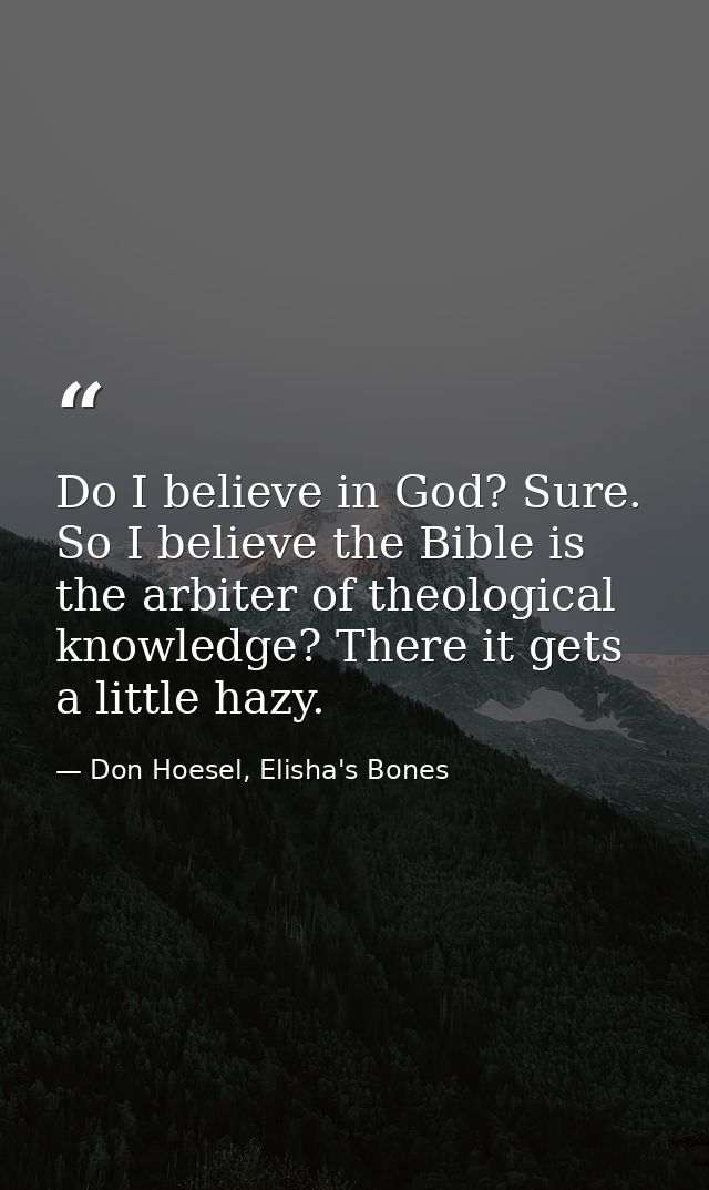 Do I believe in God? Sure. So I believe the Bible is the arbiter of theological knowledge? There it gets a little hazy. — Don Hoesel, Elisha's Bones
