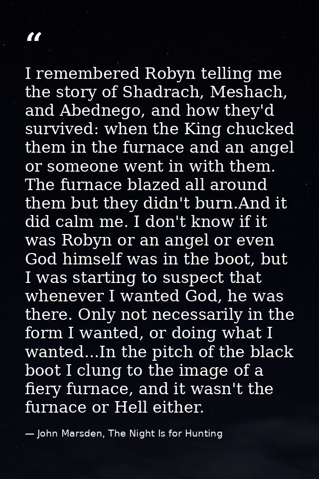 I remembered Robyn telling me the story of Shadrach, Meshach, and Abednego, and how they'd survived: when the King chuck — John Marsden, The Night Is for Hunting