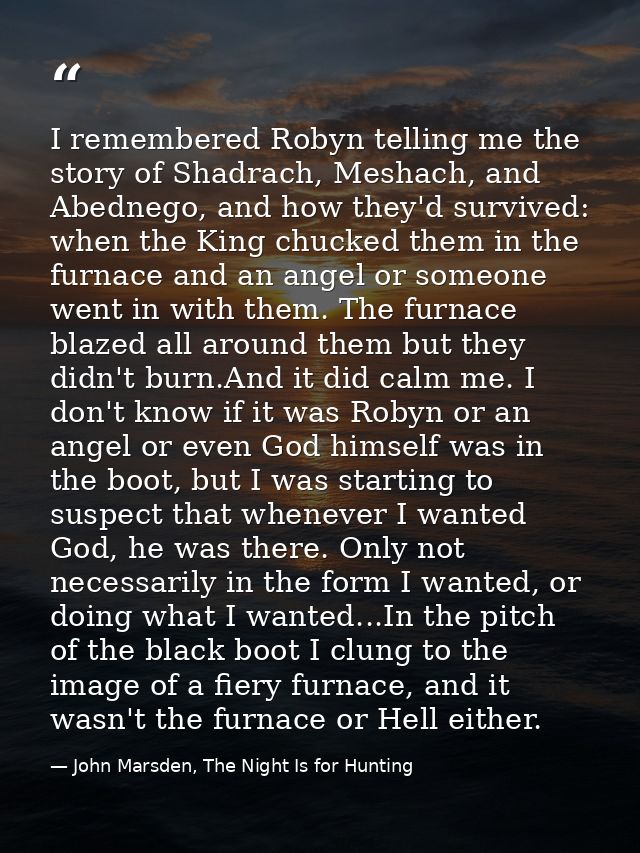 I remembered Robyn telling me the story of Shadrach, Meshach, and Abednego, and how they'd survived: when the King chuck — John Marsden, The Night Is for Hunting