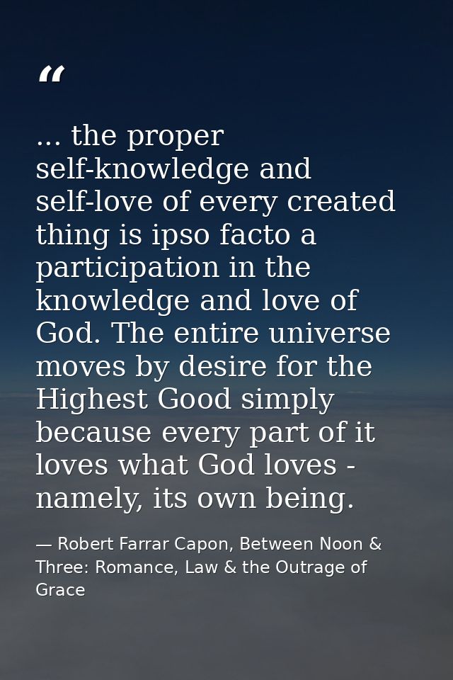 ... the proper self-knowledge and self-love of every created thing is ipso facto a participation in the knowledge and lo — Robert Farrar Capon, Between Noon & Three: Romance, Law & the Outrage of Grace