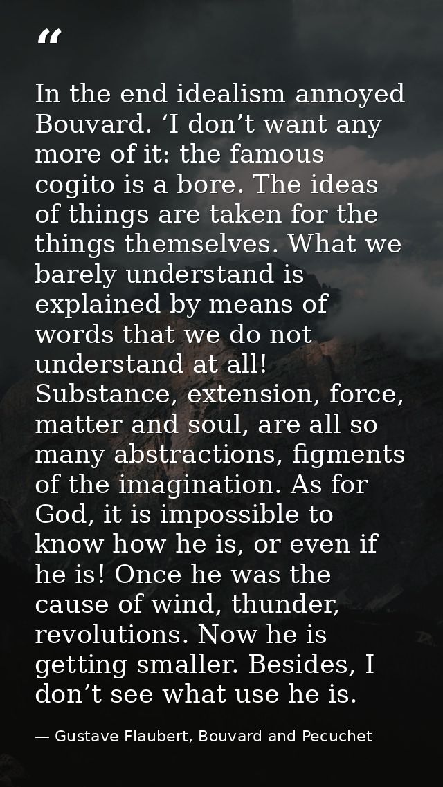 In the end idealism annoyed Bouvard. ‘I don’t want any more of it: the famous cogito is a bore. The ideas of things are  — Gustave Flaubert, Bouvard and Pecuchet