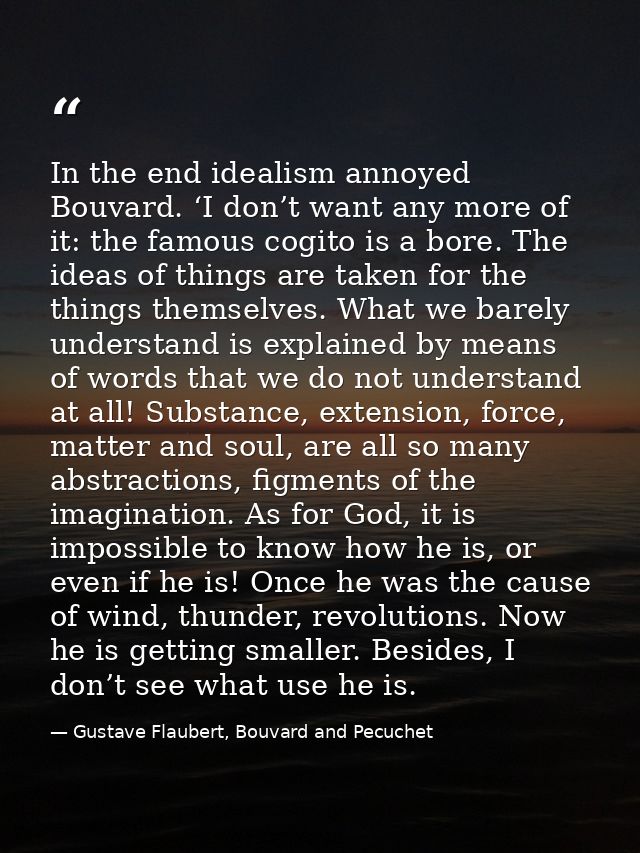 In the end idealism annoyed Bouvard. ‘I don’t want any more of it: the famous cogito is a bore. The ideas of things are  — Gustave Flaubert, Bouvard and Pecuchet