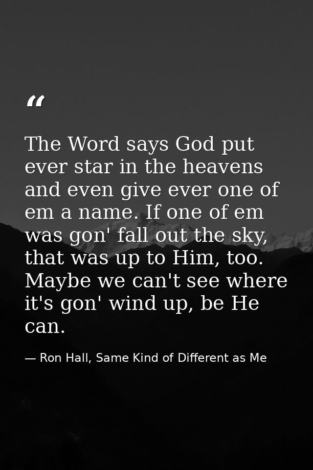 The Word says God put ever star in the heavens and even give ever one of em a name. If one of em was gon' fall out the s — Ron Hall, Same Kind of Different as Me