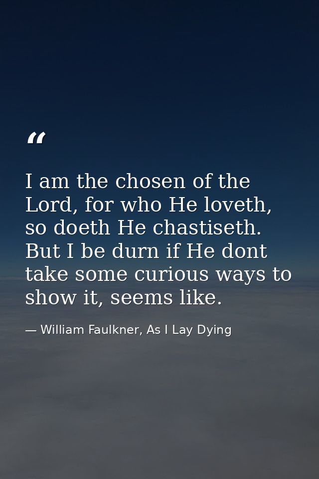 I am the chosen of the Lord, for who He loveth, so doeth He chastiseth. But I be durn if He dont take some curious ways  — William Faulkner, As I Lay Dying