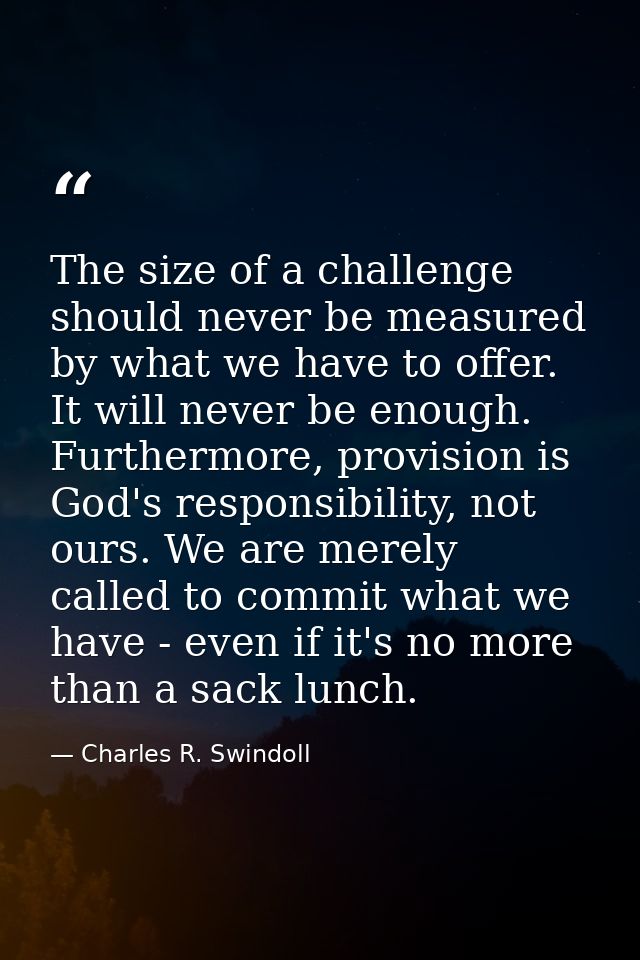 The size of a challenge should never be measured by what we have to offer. It will never be enough. Furthermore, provisi — Charles R. Swindoll