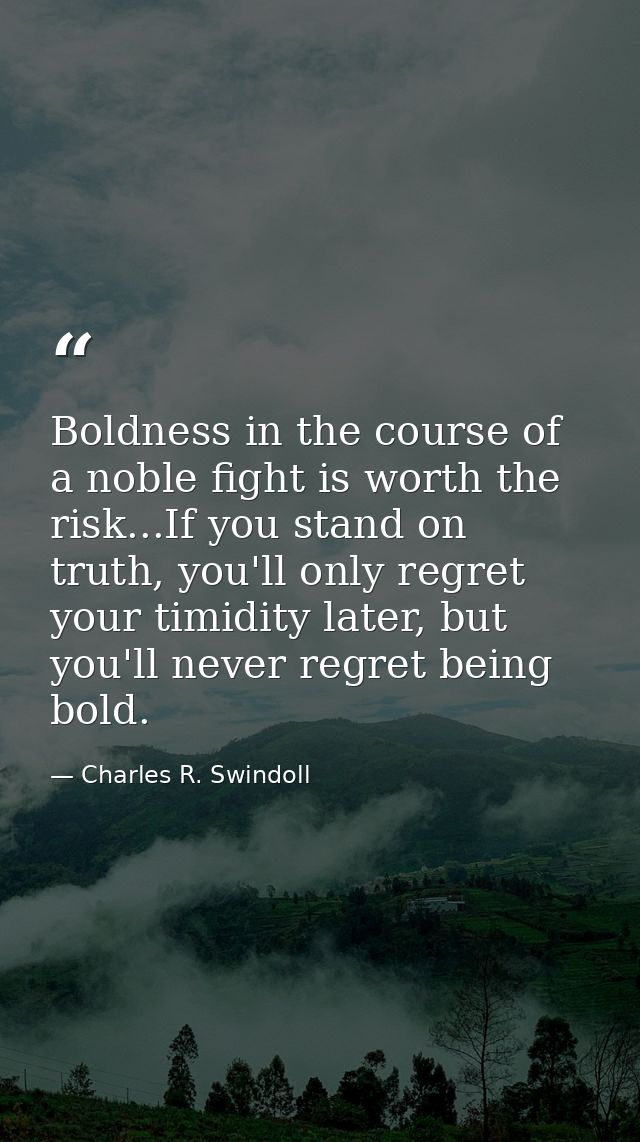 Boldness in the course of a noble fight is worth the risk...If you stand on truth, you'll only regret your timidity late — Charles R. Swindoll